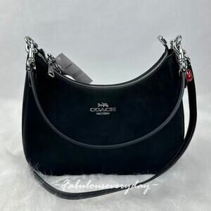 COACH Teri Hobo Bag With Cherry Charm Crossbody/Shoulder CCZ88 Suede/Sv/Black